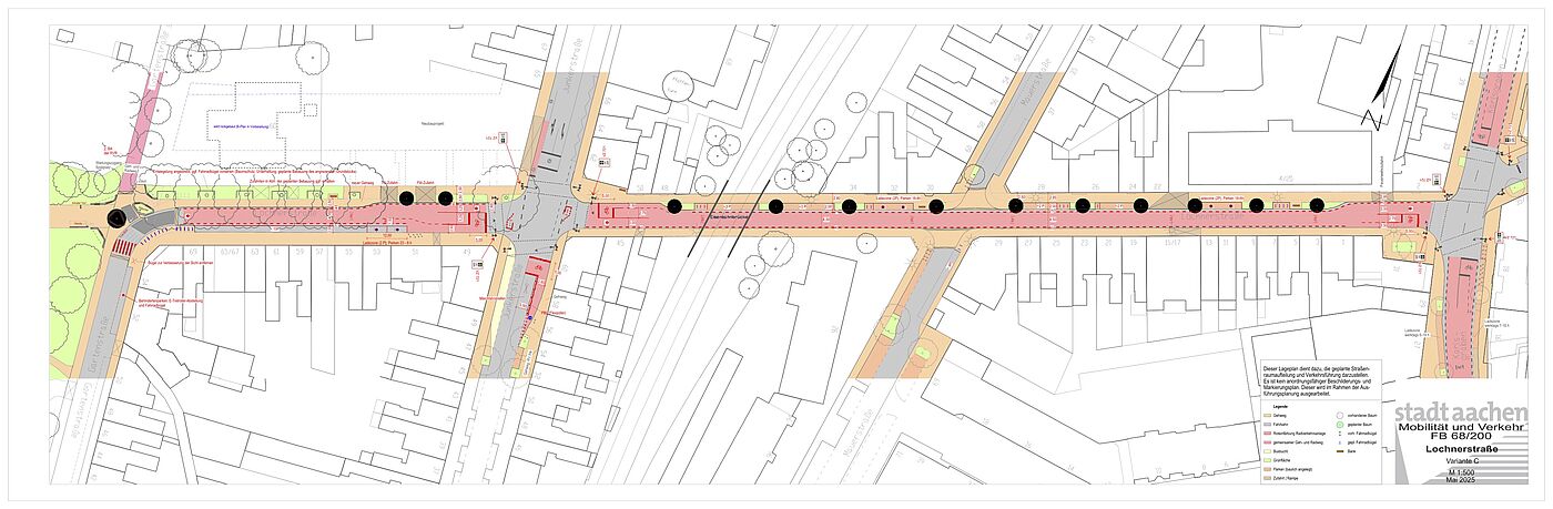 Lageplan der Variante C von der Planung zur Lochnerstraße. Hier liegt der Fokus auf einer Kompromisslösung zwischen Grünflächen und Kfz-Parkplätzen