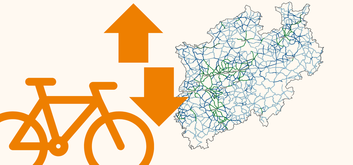 Schematische Kartendarstellung des landesweiten Radvorrangnetzes mit einem Fahrrad-Icon, einem nach oben und einem nach unten weisenden Pfeil