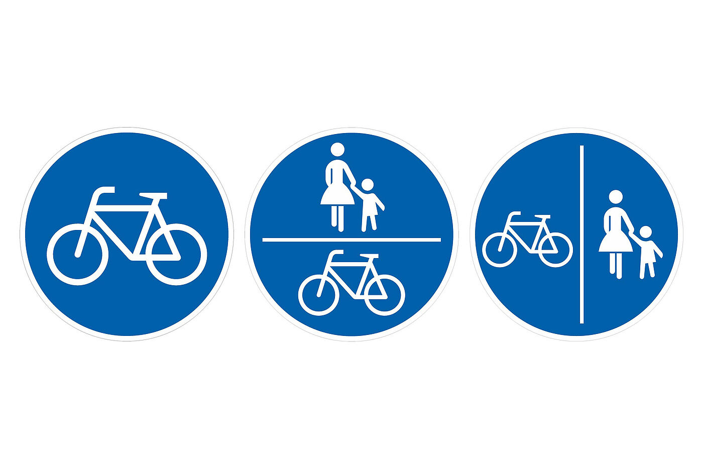Verehrsschilder Von links: Zeichen 237 – Radweg | Zeichen 240 – Gemeinsamer Geh- und Radweg | Zeichen 241 – Getrennter Rad- und Gehweg